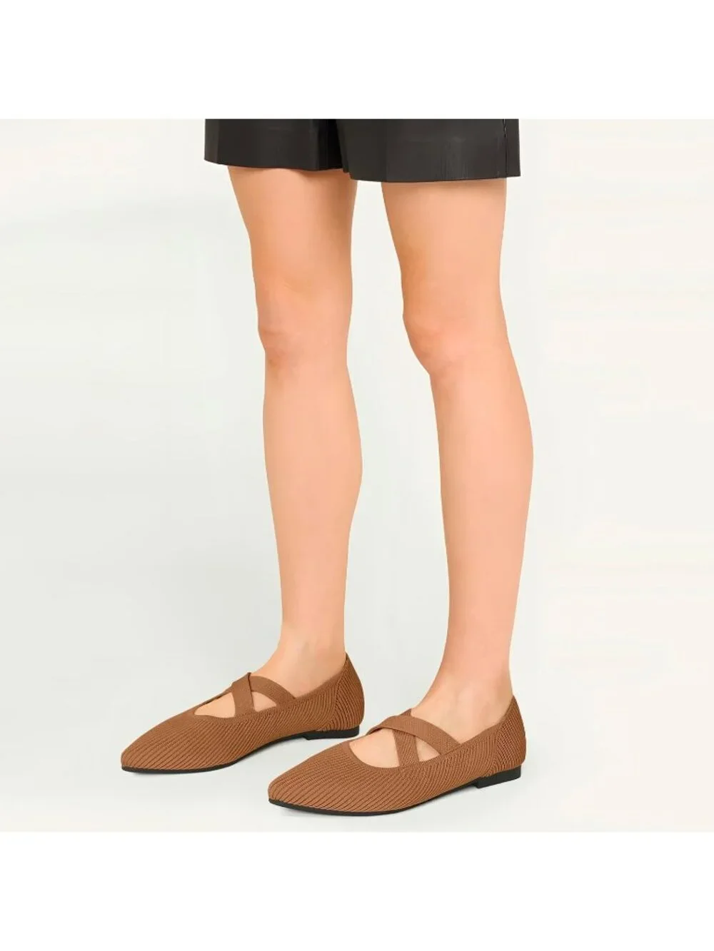Women's Brown Knit Mary Jane Flats Pointed Toe Comfortable Slip On Dressy Shoes